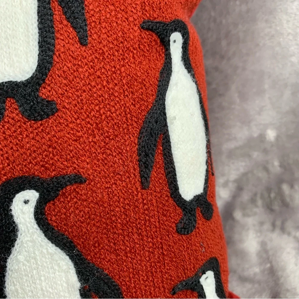 Pottery Barn Red Needlework Penguin‎ Pattern Crewel Pillow 14 X 14 Imperfections